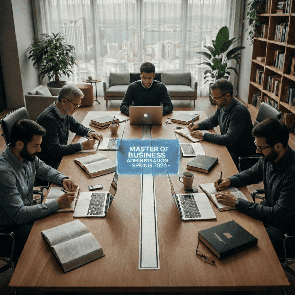  Lebanese students studying an online MBA around a modern desk. 